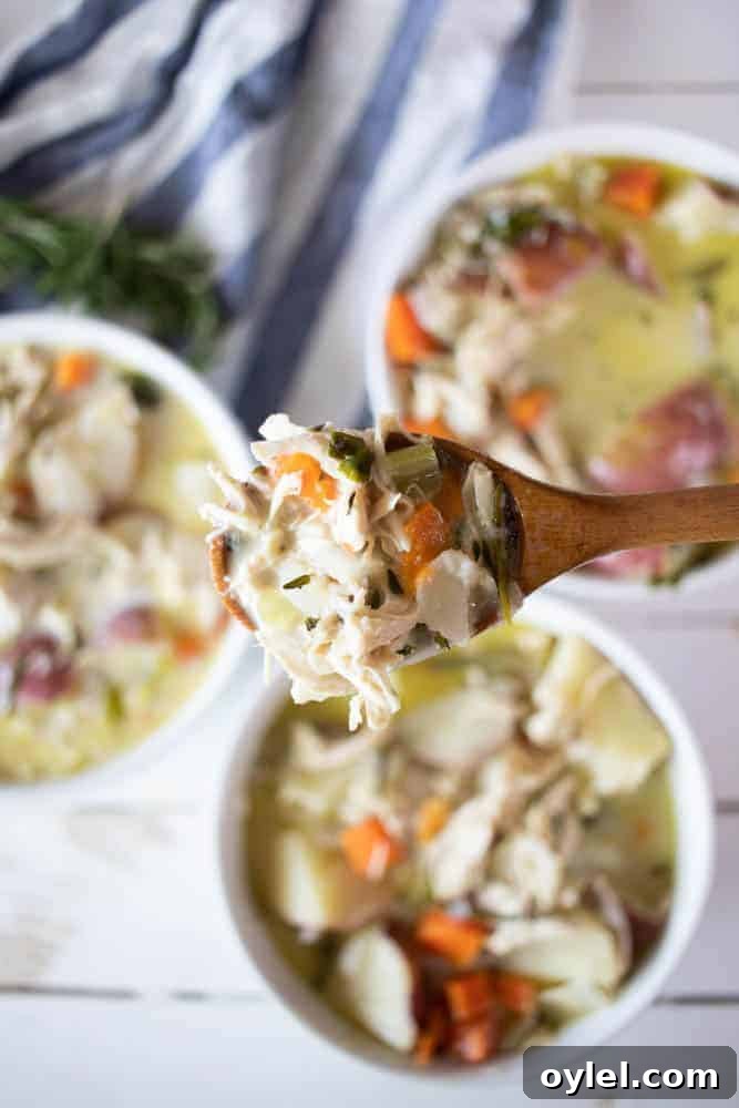 Creamy Whole30 Chicken Soup Recipe 4 Wooden spoon of creamy chicken soup with bowls of soup in background.