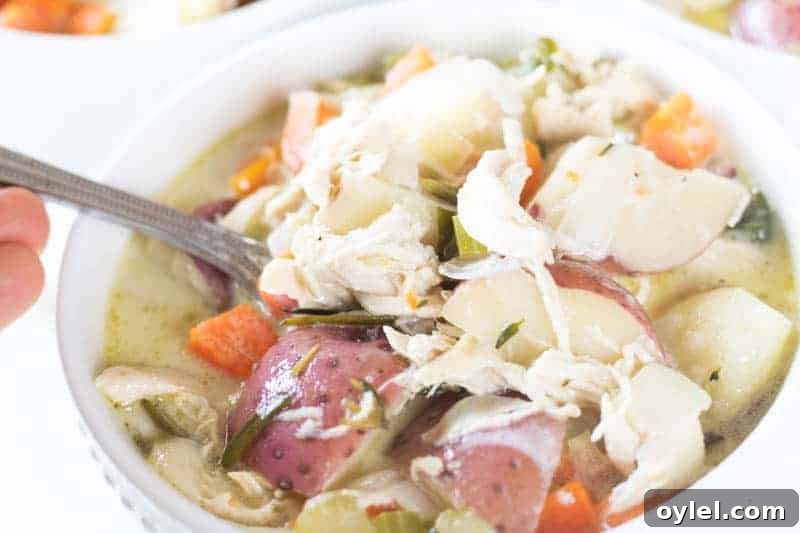 Creamy Whole30 Chicken Soup Recipe 6 Healthy whole 30 creamy chicken vegetable soup in white bowl with silver spoon.