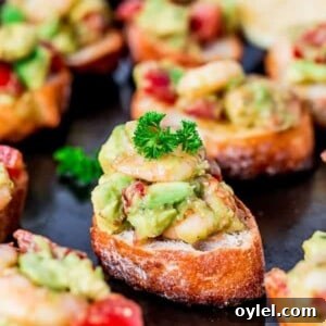 Garlic Prawn and Avocado Crostini on a tray
