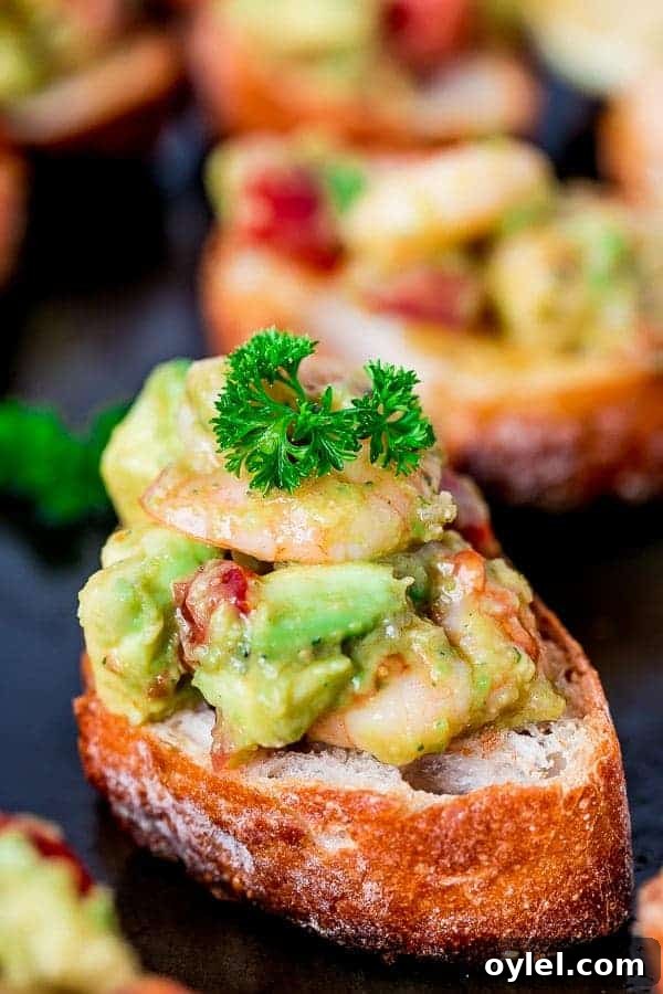Super zoom in image of Garlic Prawn and Avocado Crostini 