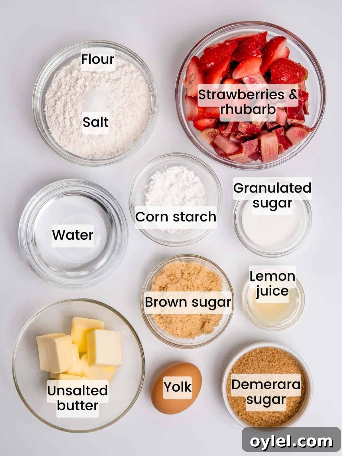Ingredients needed to make mini strawberry rhubarb galettes.