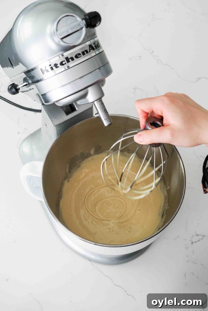A hand draws a circle with a whisk attachment over a stand mixer bowl filled with ribboned eggs.
