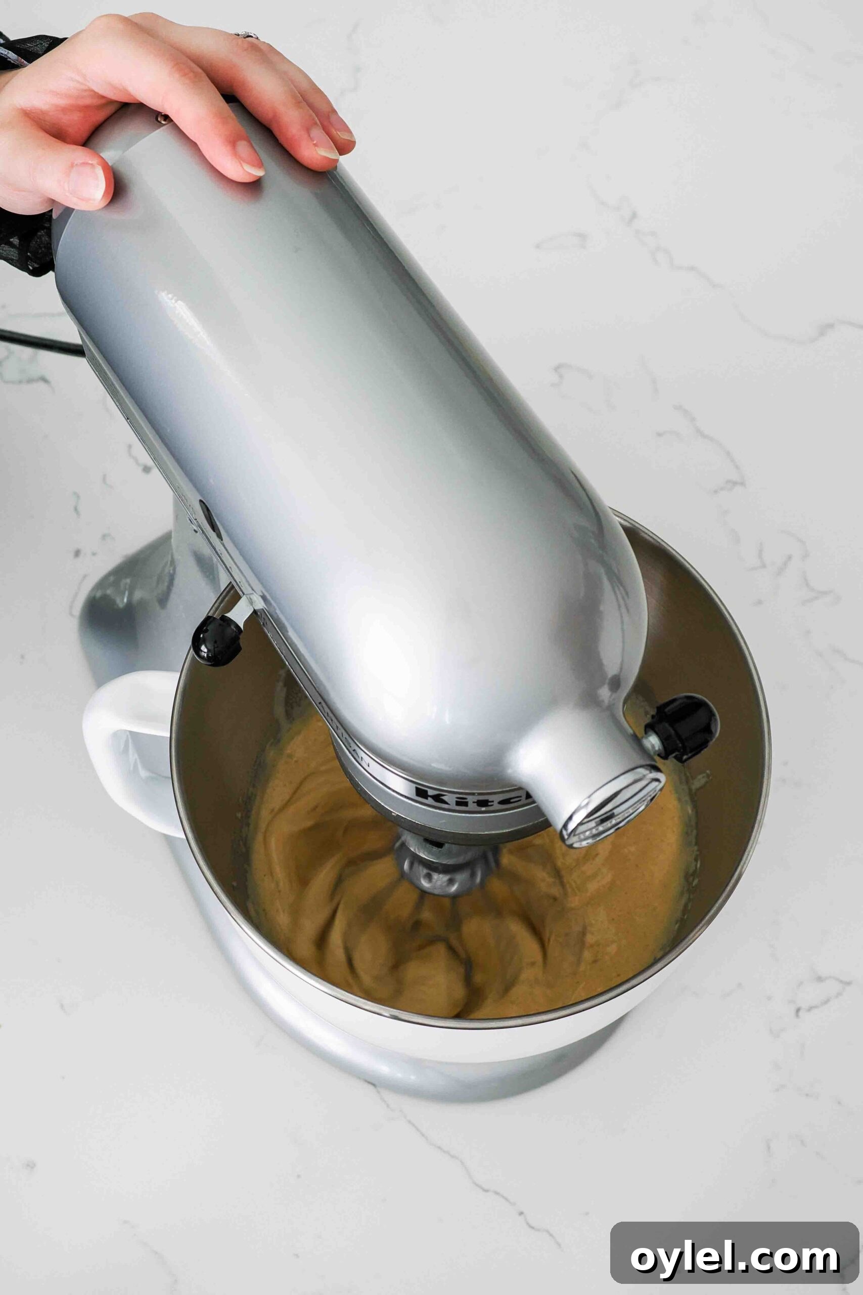 A stand mixer whisks pumpkin into ribboned eggs.