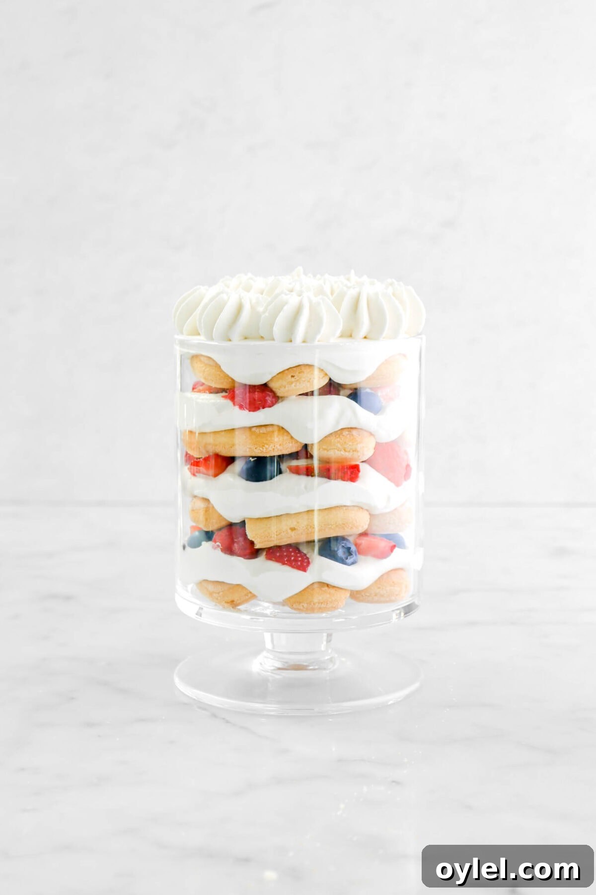 No-Bake Summer Berry and Ladyfinger Trifle Recipe 12 trifle in tall glass with piped whipped cream on top.
