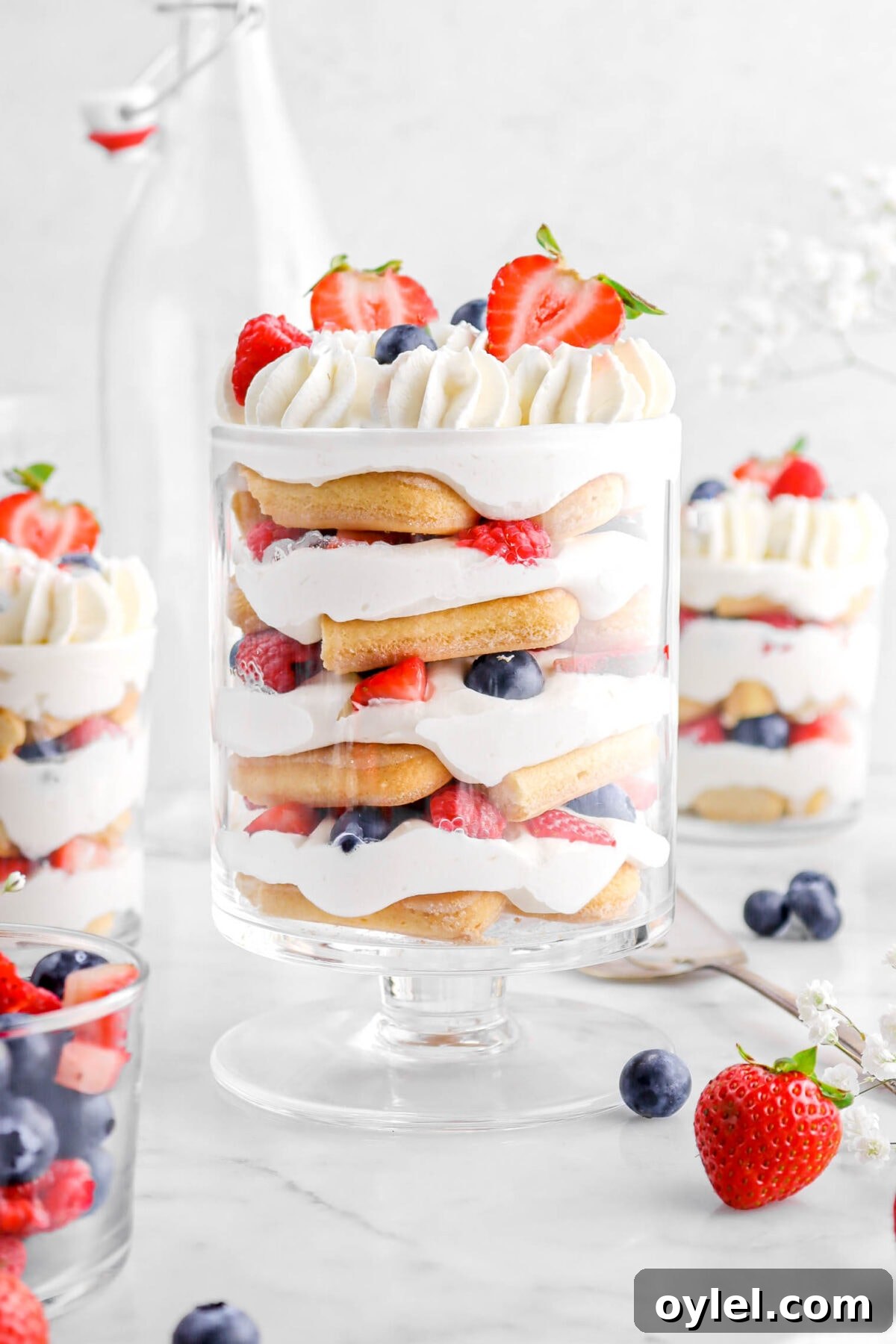 No-Bake Summer Berry and Ladyfinger Trifle Recipe 5 close up of berry trifle with piped whipped cream and berries on top, more berries around, and two trifles behind.