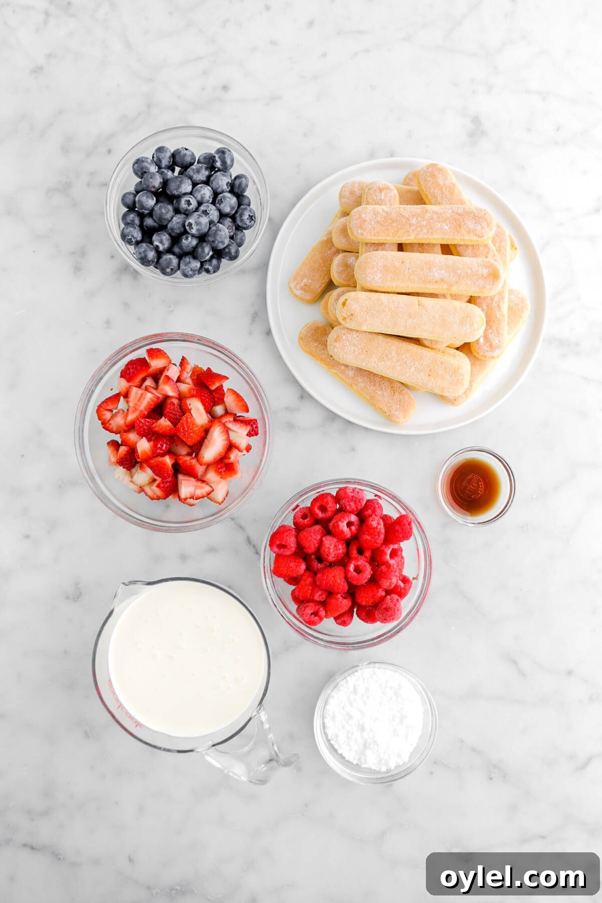 No-Bake Summer Berry and Ladyfinger Trifle Recipe 6 blueberries, ladyfinger cookies, chopped strawberries, raspberries, vanilla, heavy cream, and powdered sugar on marble surface.