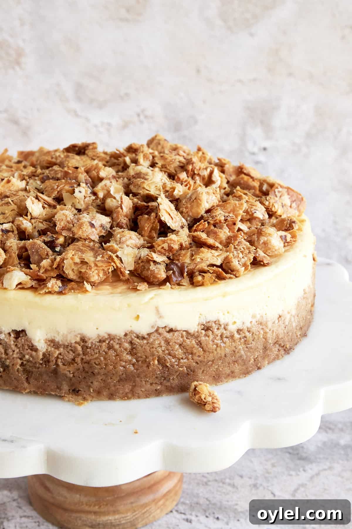 Baklava Cheesecake Recipe with Honey and Pistachios 2 A baklava cheesecake on a white cake stand.