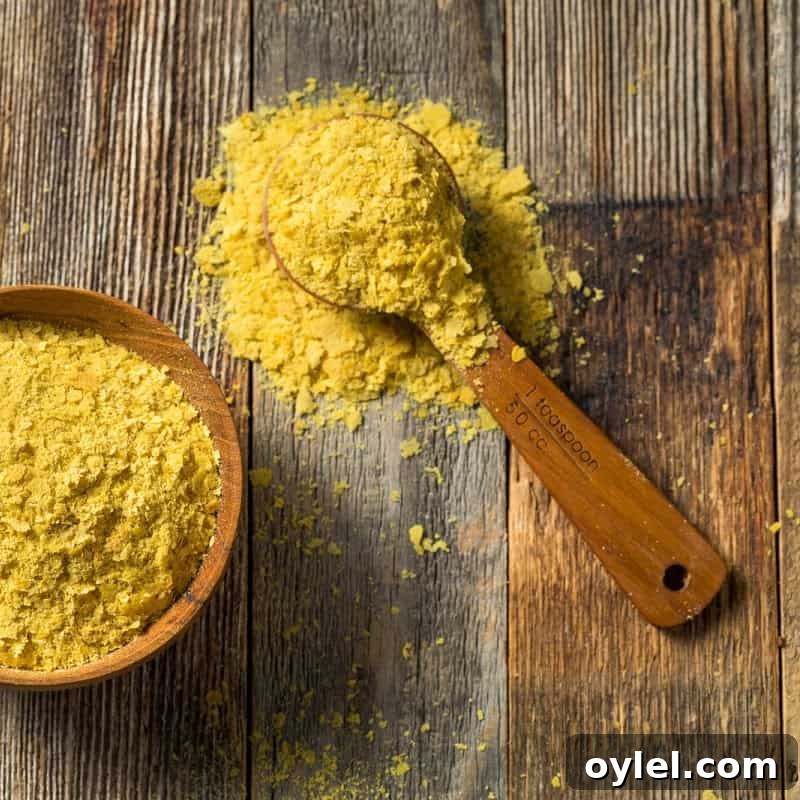 Nutritional yeast in a wooden bowl.