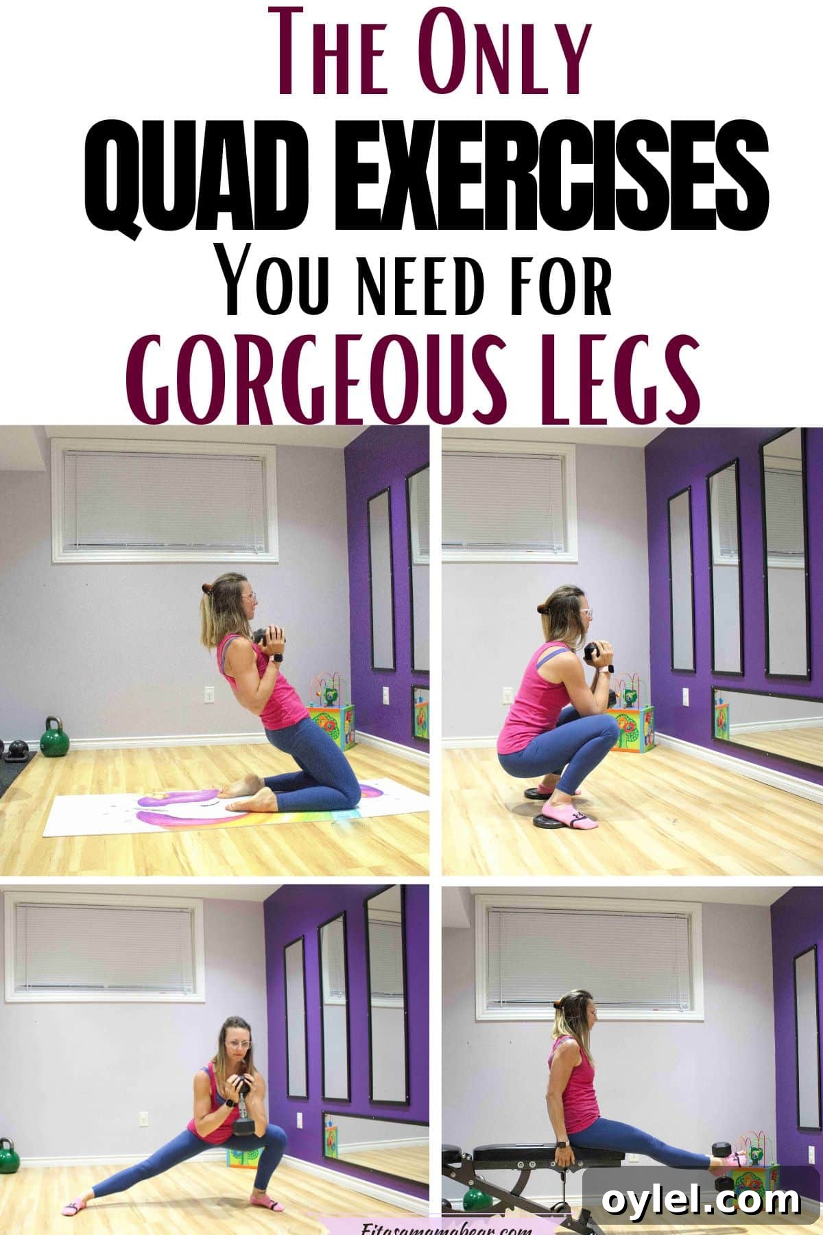 Pin image with text: four images of woman in pink shirt and blue pants  performing various dumbbell exercises for the quadriceps like knee extensions, squats and lunges