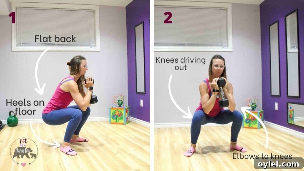 Two images of a Woman in blue pants and a pink shirt performing a squat one image from the front and one from the side with arrows around and text to give pointers.