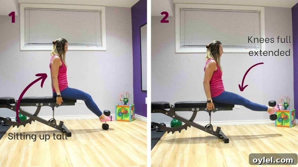 Two images of a Woman in blue pants and a pink shirt seated on a bench performing a leg extension with a dumbbell between her feet with arrows and text about how to perform it