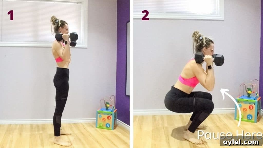 Two side by side images of a woman in a pink shirt and black pants one image of the top of a dumbbell squat and the other of the bottom.
