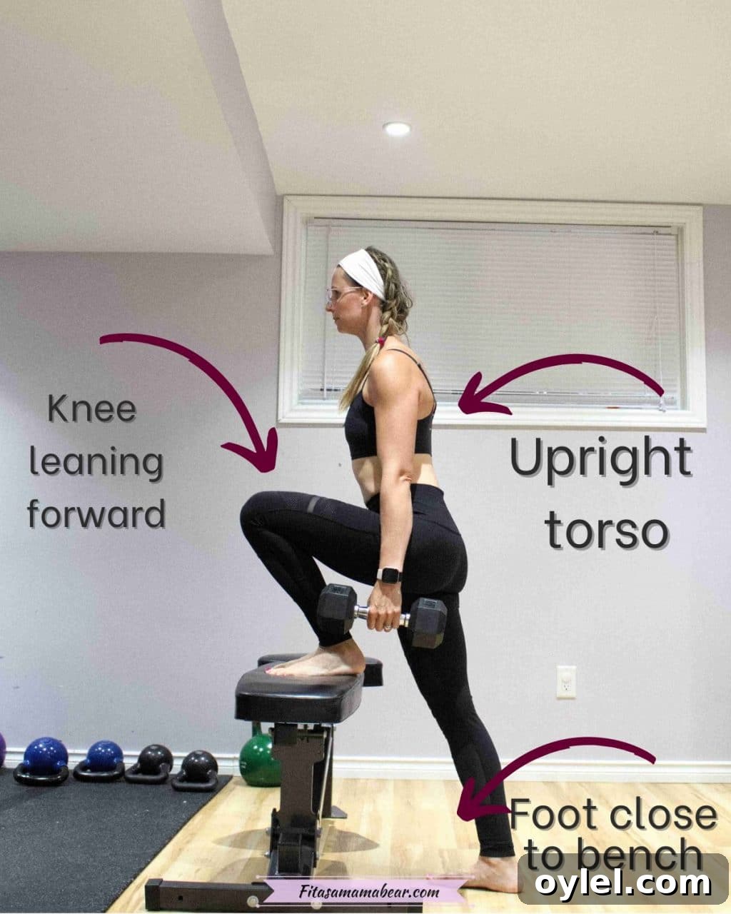 Woman in black pants and sports bra holding a dumbbell at her waist with one leg up on a bench about to do a step up and arrows and text around it for tips on performing