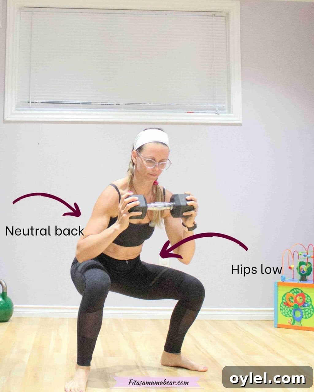 Woman in black pants and sports bra holding a dumbbell at chest height with hips sunk low in a squat as she walks and arrows and text around it for tips on performing