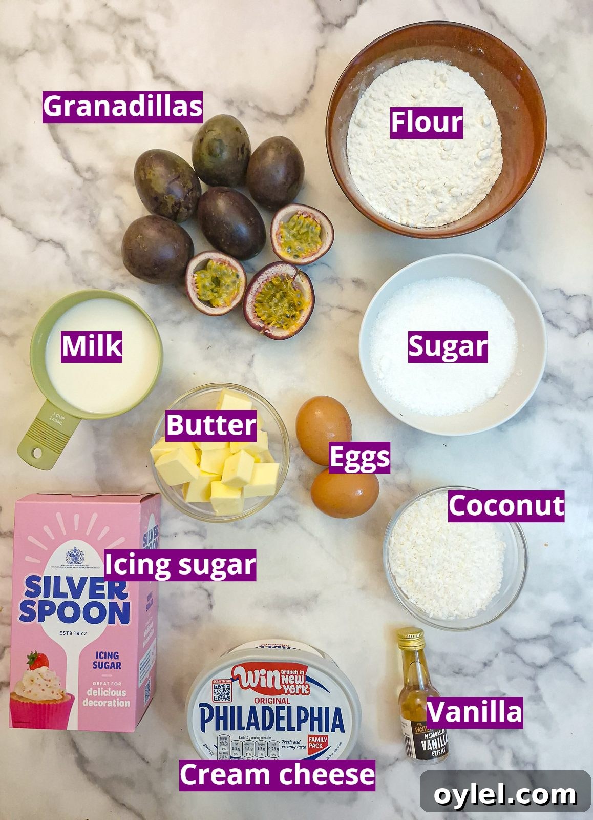 Ingredients you will need to make a granadilla coconut loaf cake.