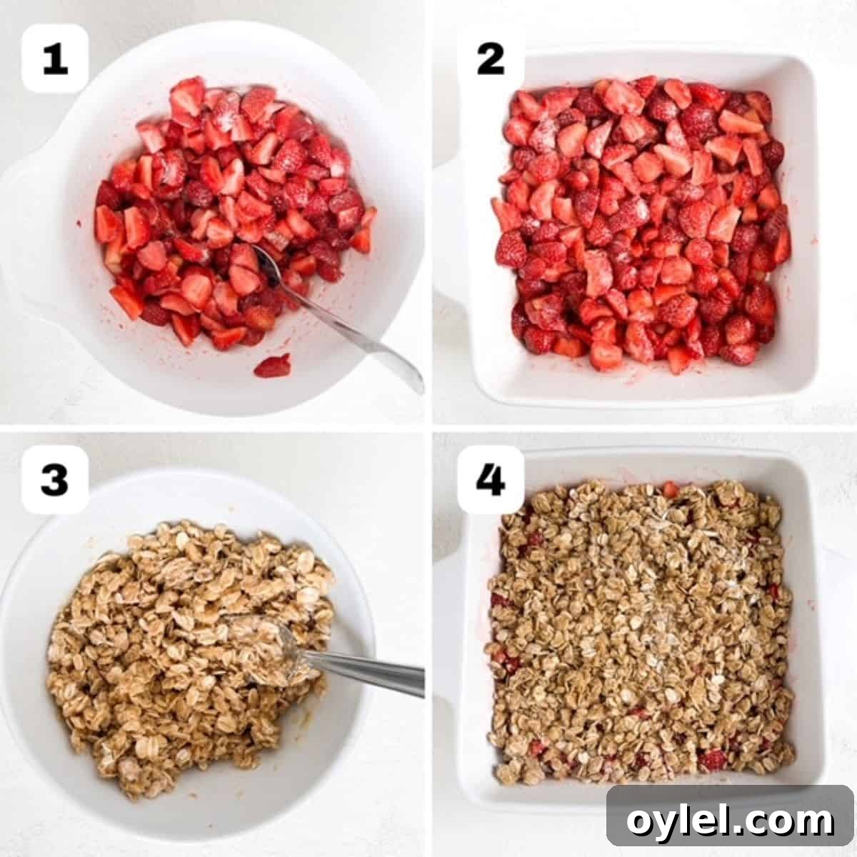 Four process shots showing how to make strawberry crumble.