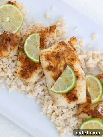 Air-fried cod topped with seasoning and slices of fresh lime on a white dish.