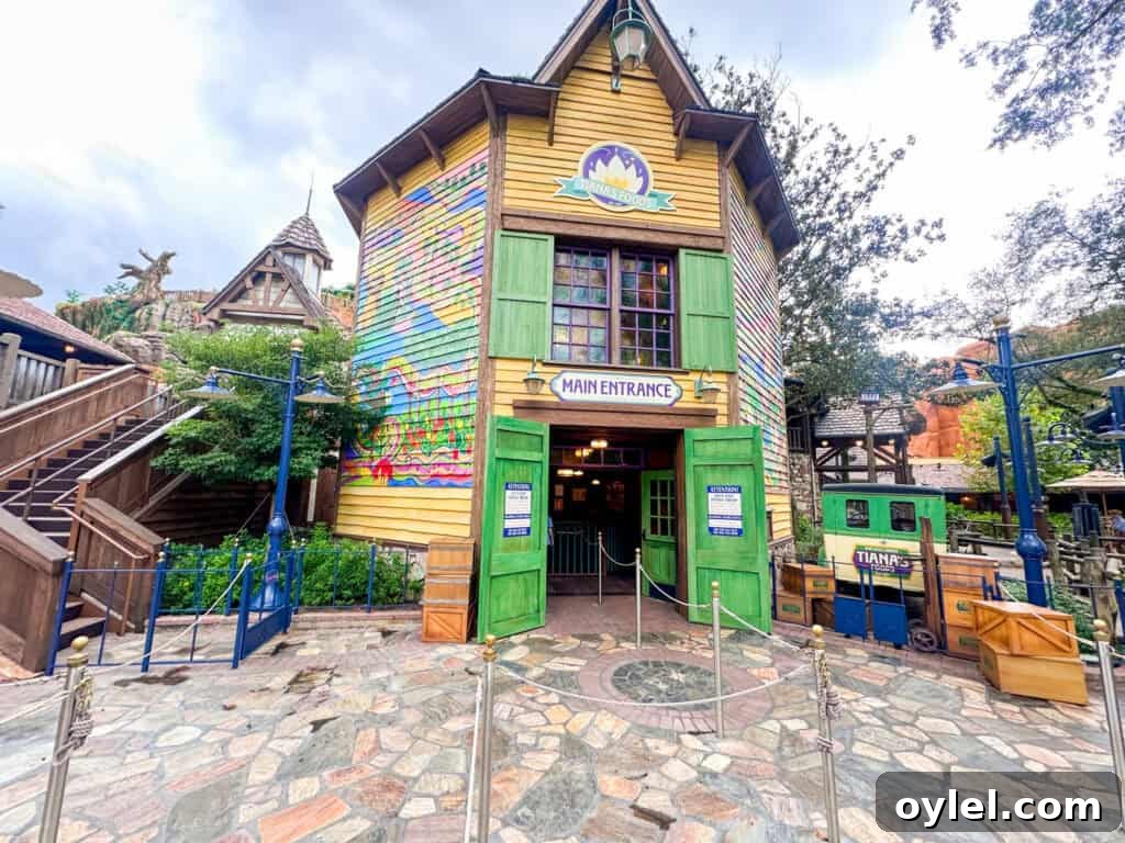 Tiana's Bayou Adventure: Disney Rider Tips and What to Expect 2 entrance to the Tiana's Restaurant for the line que.