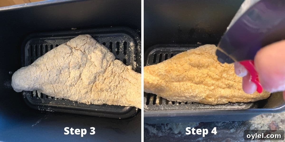 Photos of spraying oil on the catfish in the air fryer.