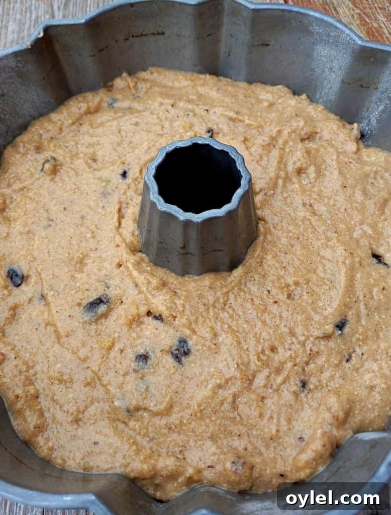 Homestyle Amish Applesauce Cake Recipe 2 applesauce cake batter in a bundt pan ready to bake.