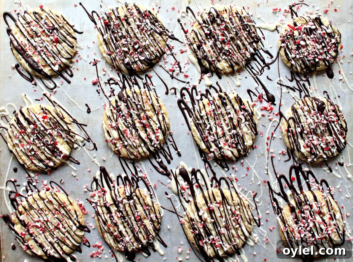 Peppermint Crunch Cookies Recipe with Chocolate Drizzle 3 Cookies on wax paper with drizzles of white and dark chocolate and sprinkled with peppermint candy bits.