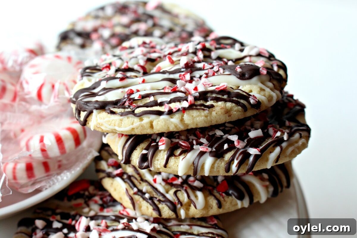Peppermint Crunch Cookies Recipe with Chocolate Drizzle 4 Closeup of stacked cookies showing thin cookie edge.