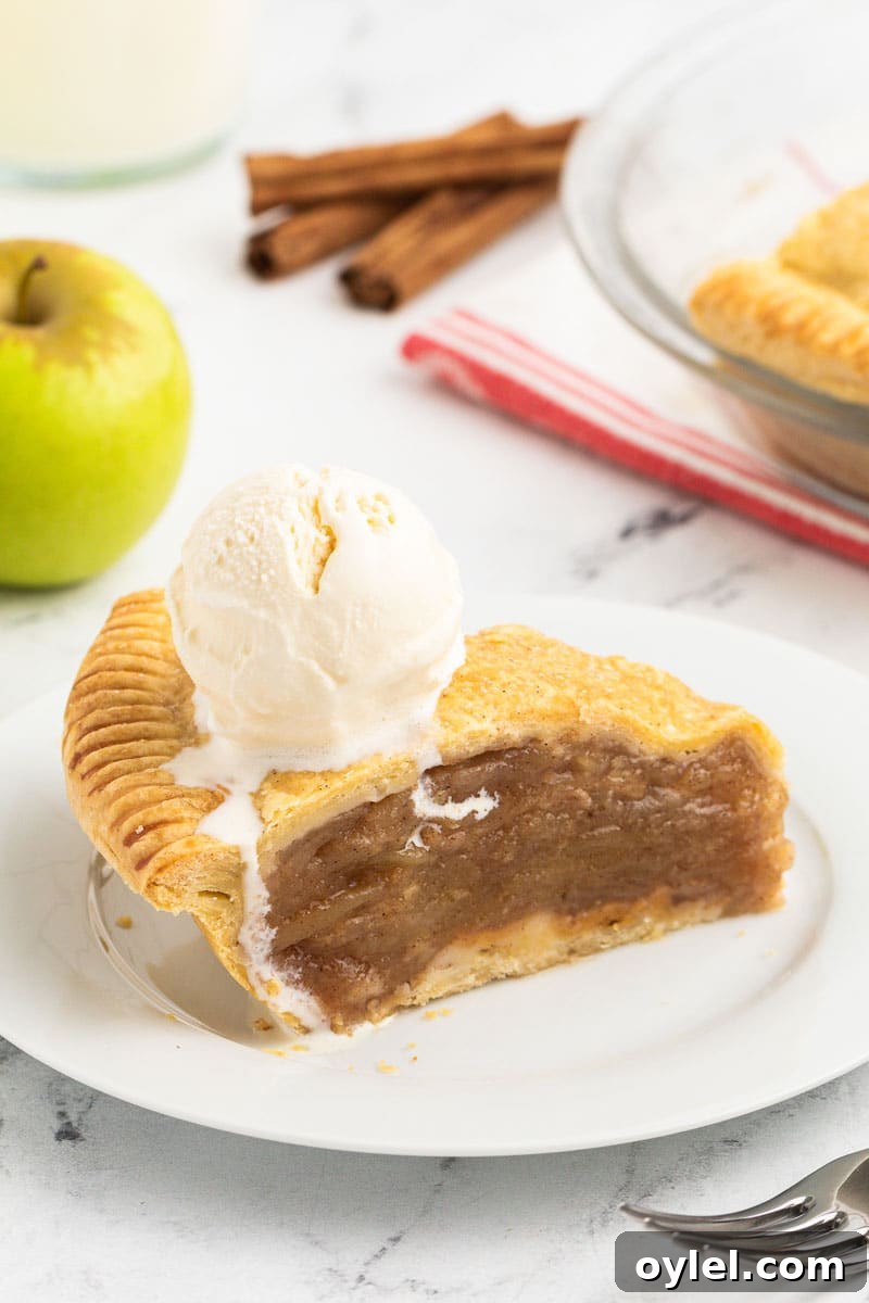 A slice of apple pie with a scoop of vanilla ice cream on top sits on a plate. An apple, cinnamon sticks, and a second pie are in the background.