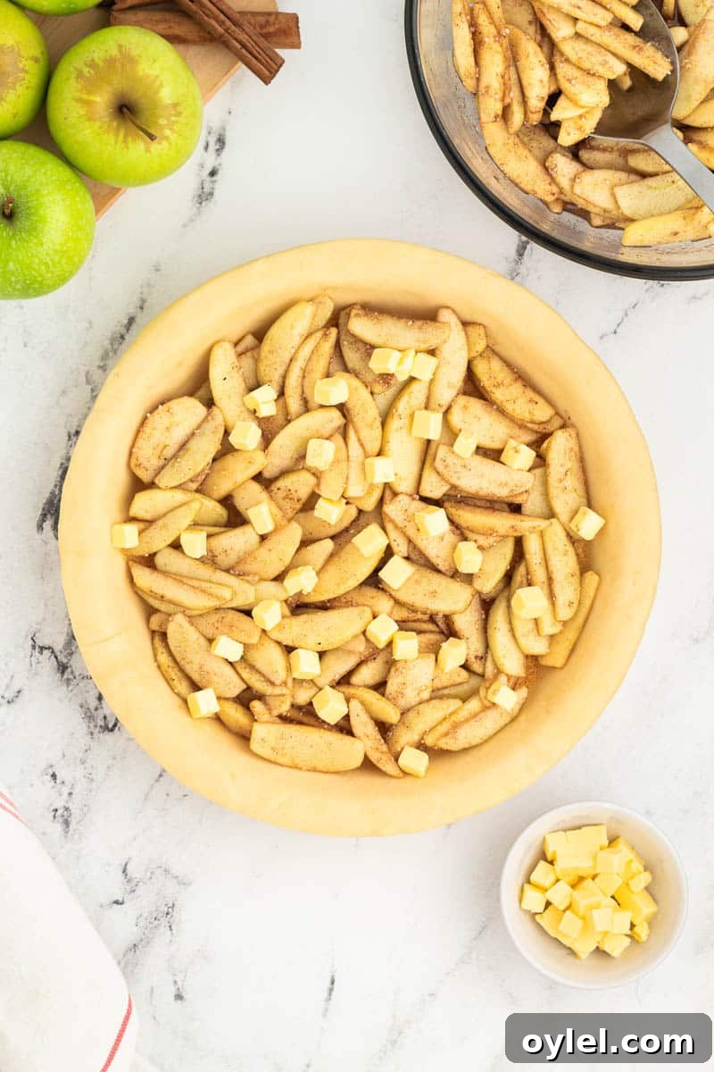 Overhead view of an unbaked pie crust filled with seasoned apple slices and dotted with small butter cubes. Green apples and a bowl of sliced apples are visible nearby on a marble surface.