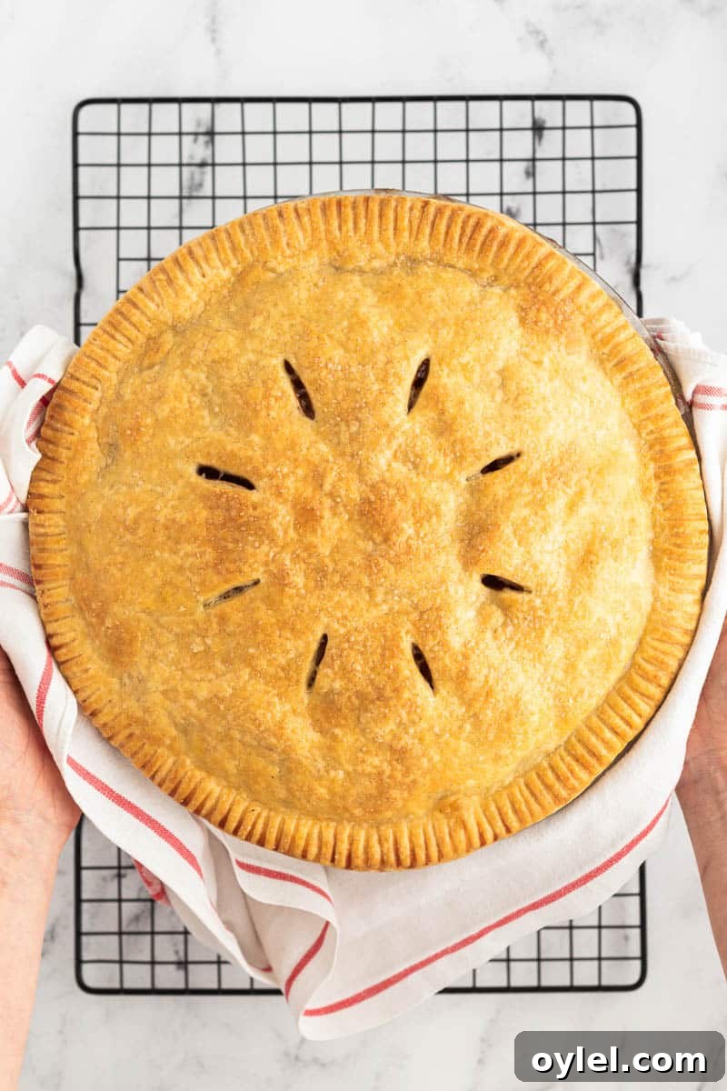 Hands holding a freshly baked golden-brown apple pie on a white and red striped towel over a cooling rack.