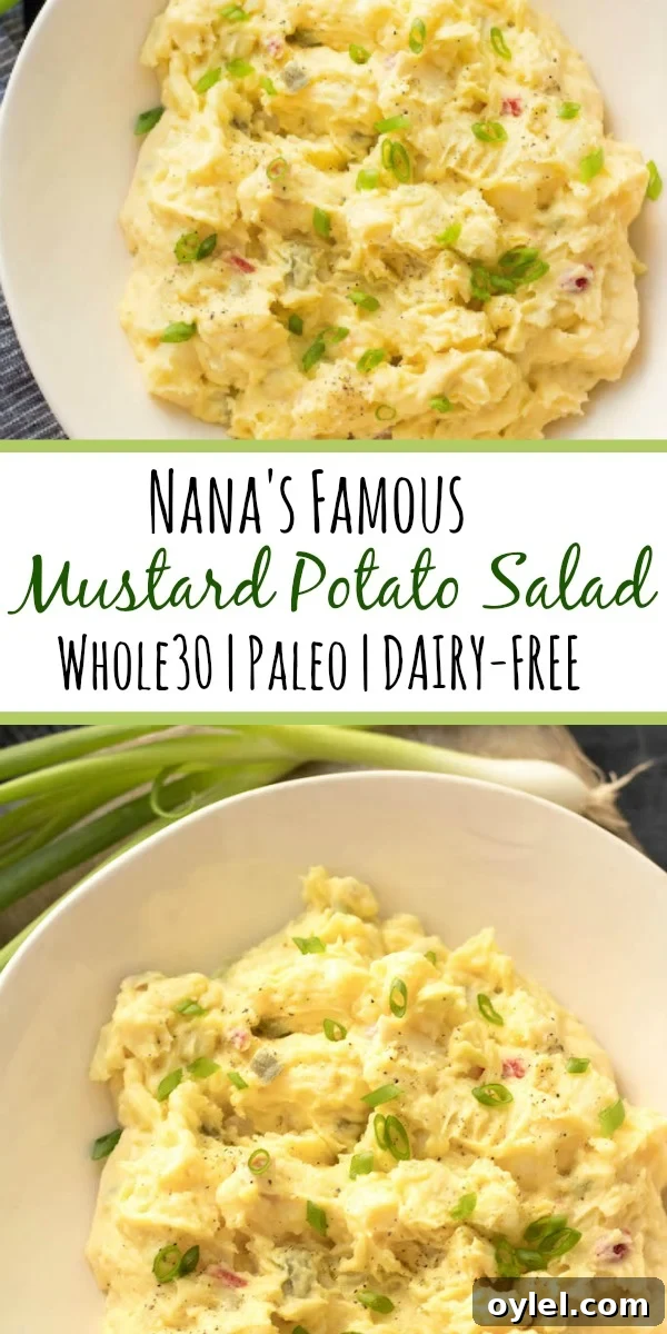 Whole30 mustard potato salad in a bowl with pickles and herbs