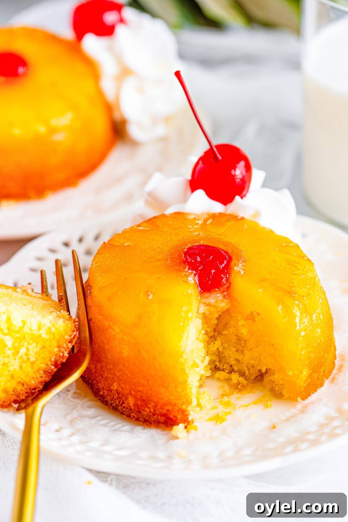 A forkful of Pineapple Upside Down Cupcake showing the moist vanilla crumb.