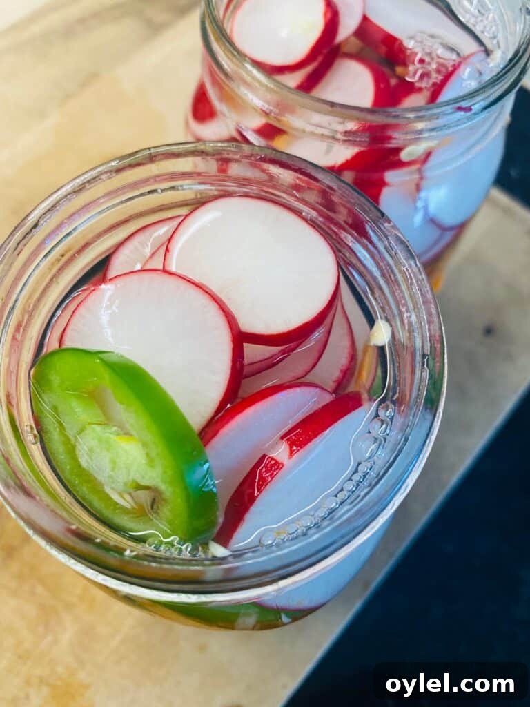 Sliced veggies in the Mason jar before adding pickling liquid