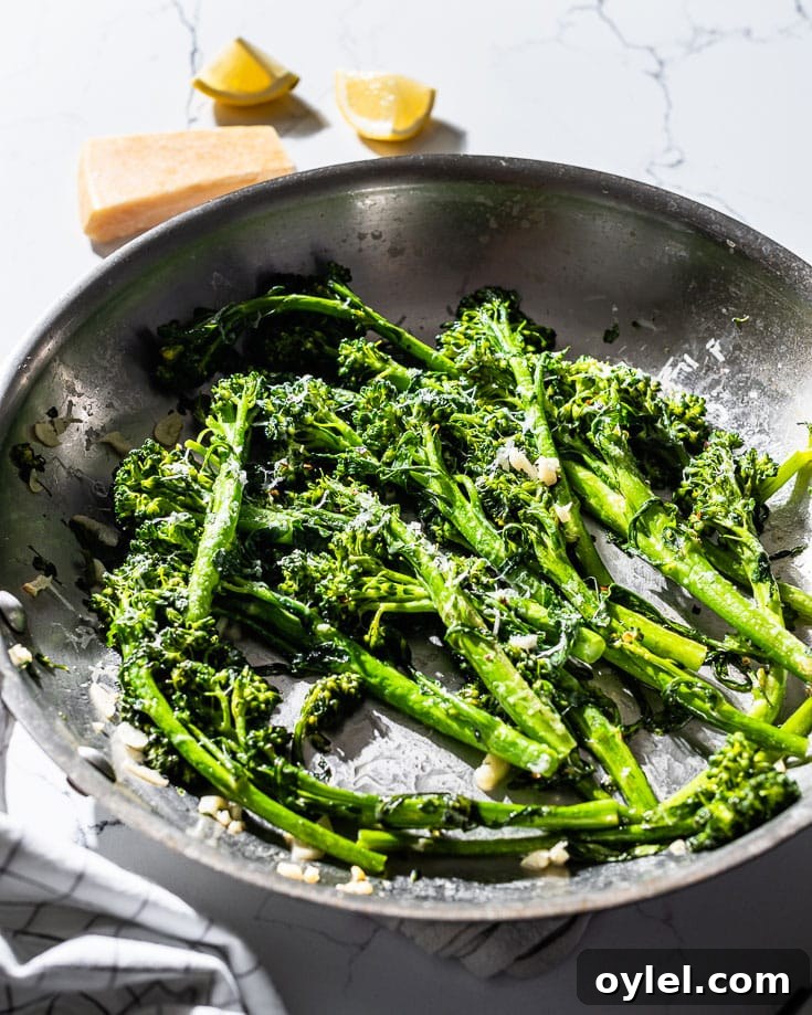 Garlic Parmesan Sauteed Broccolini 4 Broccolini with garlic, lemon, and parmesan in a skillet