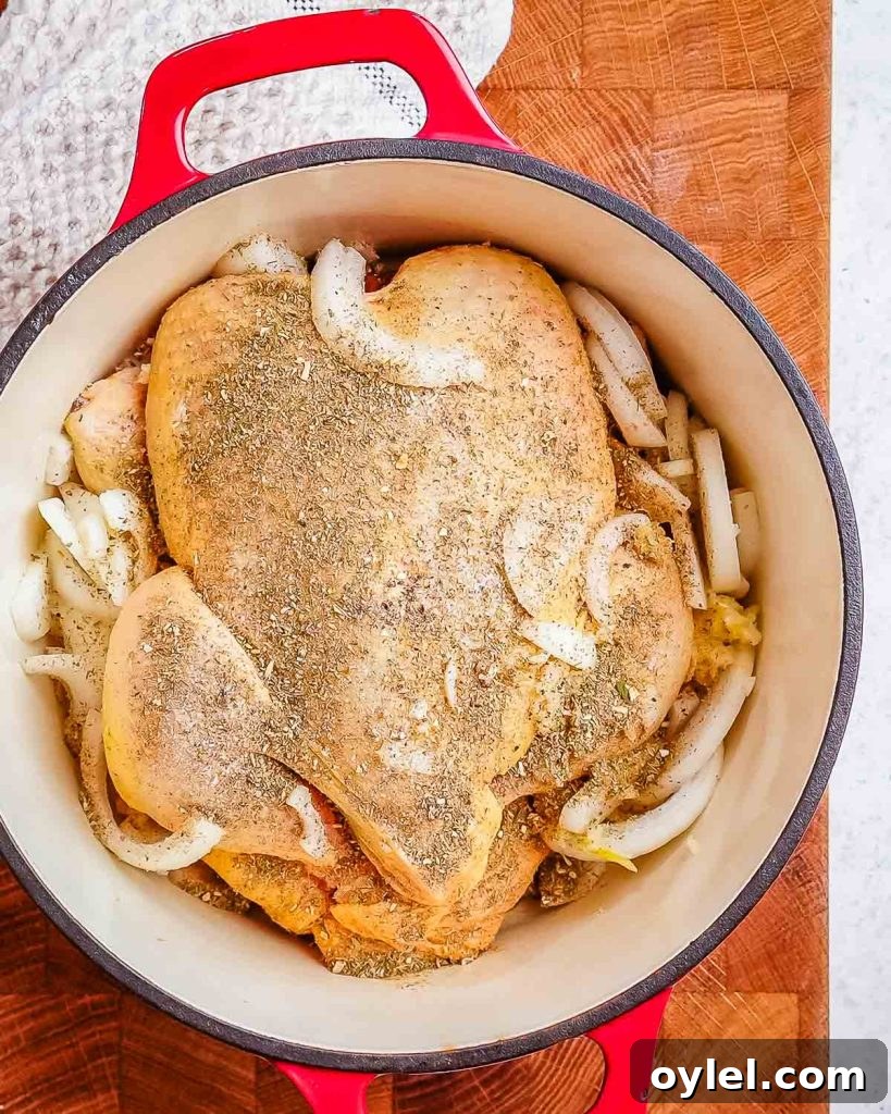 Balsamic Chicken with Caramelized Onions and Garlic 5 A whole raw chicken with onions and garlic covered in Italian seasoning in a Dutch oven.