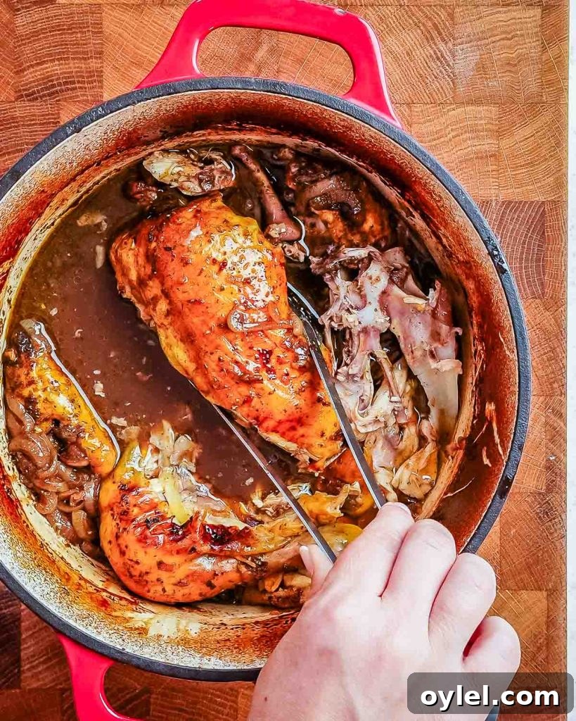 Balsamic Chicken with Caramelized Onions and Garlic 8 A cooked whole chicken being removed from a Dutch oven by a hand holding a pair of silver tongs.