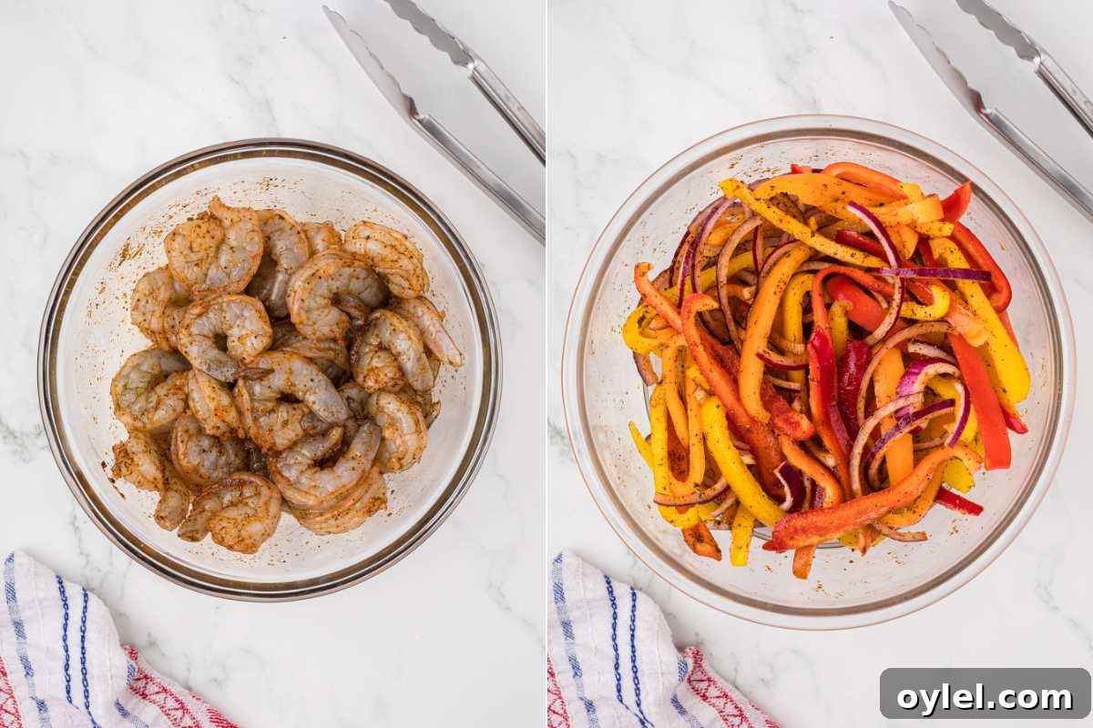 separate bowls of shrimp and veggies, both seasoned.