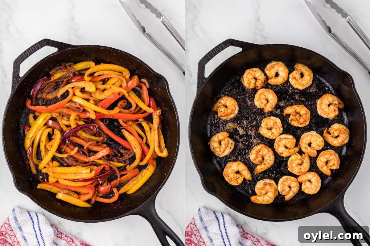 veggies and shrimp cooking separately in cast iron skillet.