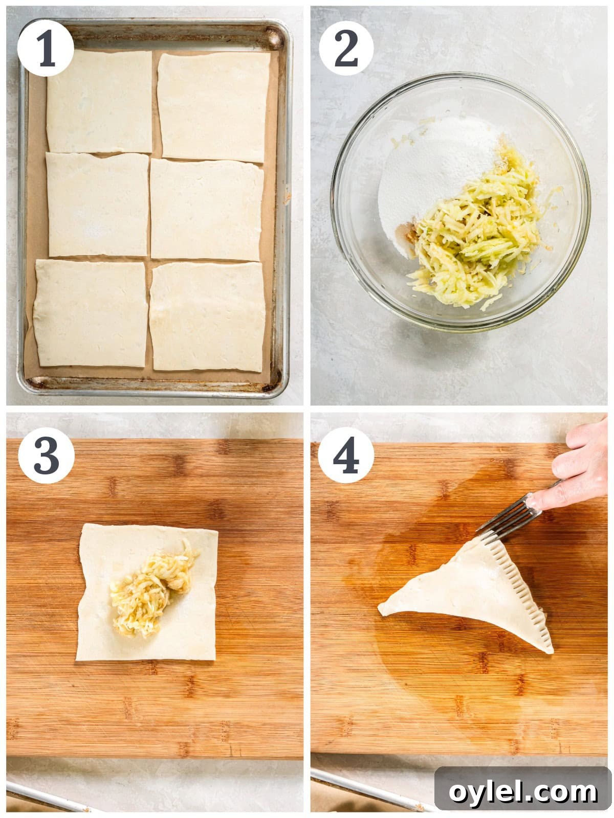 Adding apple filling to puff pastry dough.