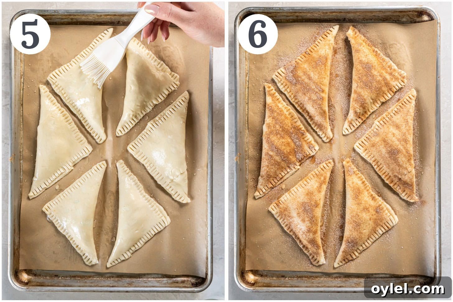 Preparing apple turnovers on a baking sheet.