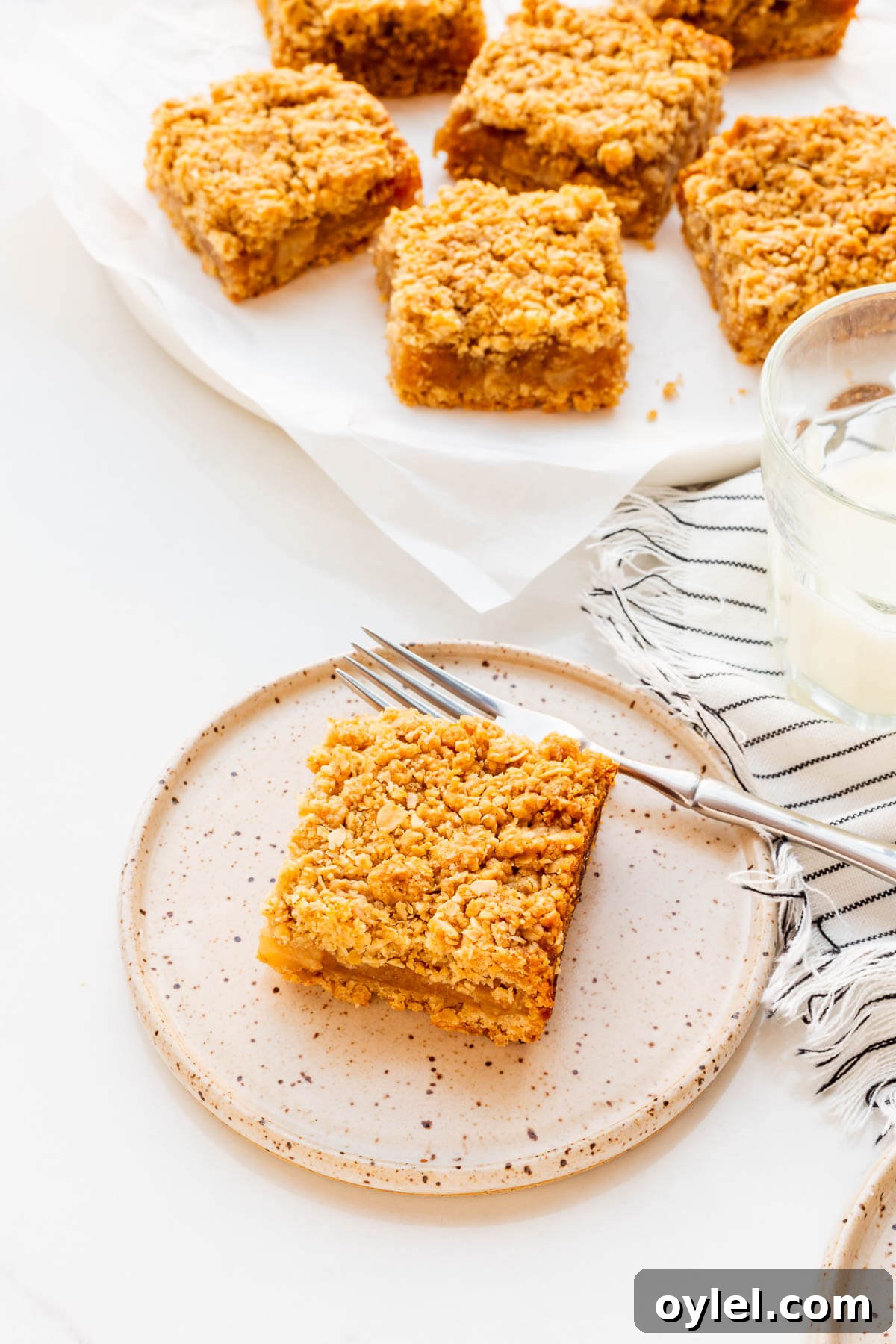 Apple Crisp Bars Recipe with Oat Streusel 2 Apple pie bars topped with an oat crumble being served.