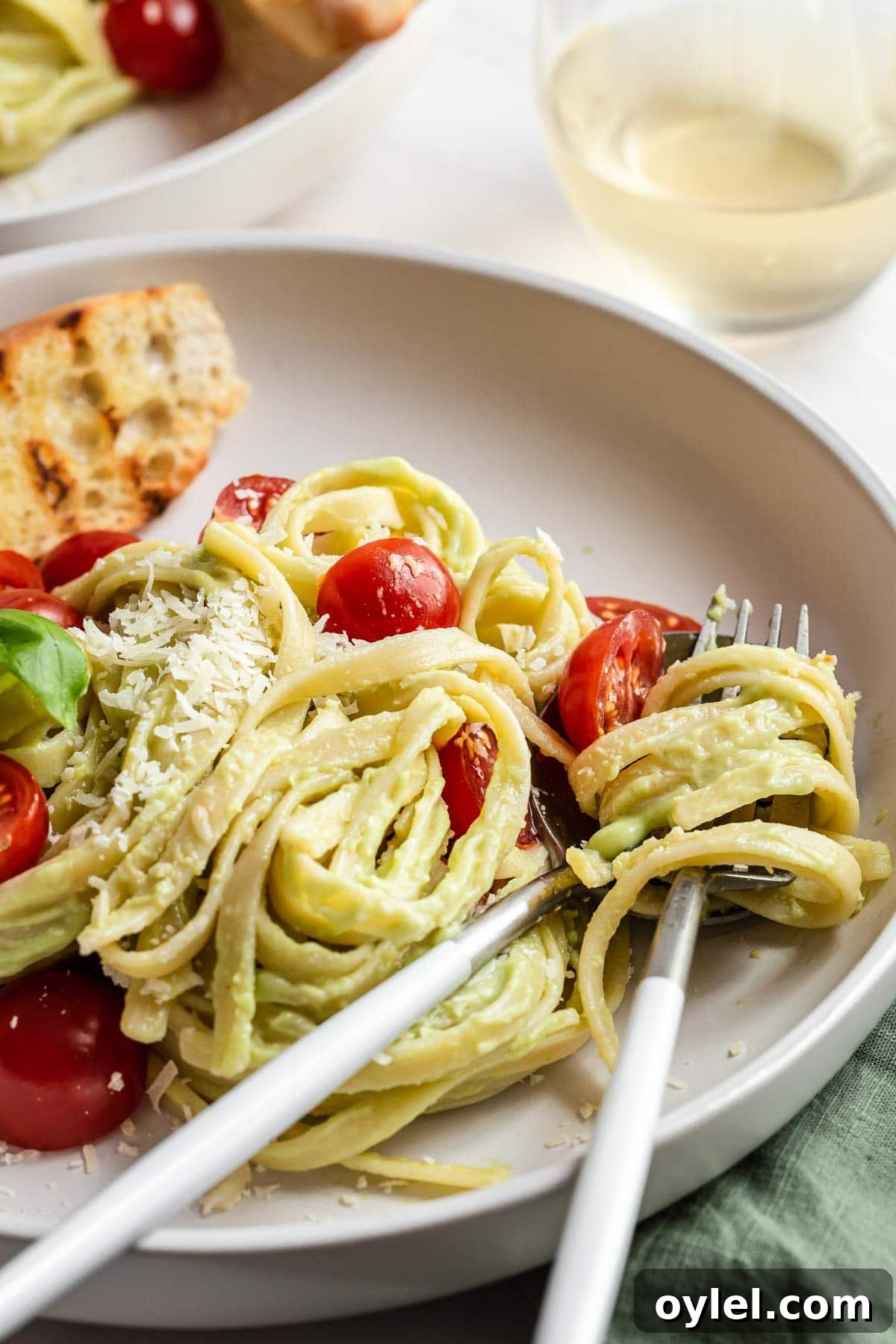 Fork in pasta noodles on plate.