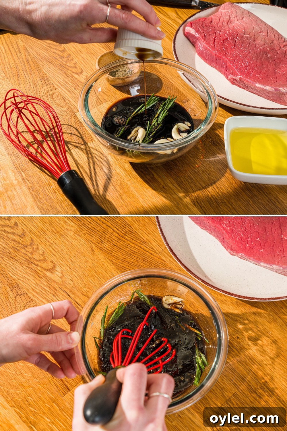 London Broil Marinade Recipe for Tender, Flavorful Steak 5 Two photos of a small glass bowl preparing London broil marinade. The first photo shows ingredients being added to the bowl including garlic, soy sauce, balsamic vinegar, and rosemary. The second photo shows a whisk mixing the marinade.