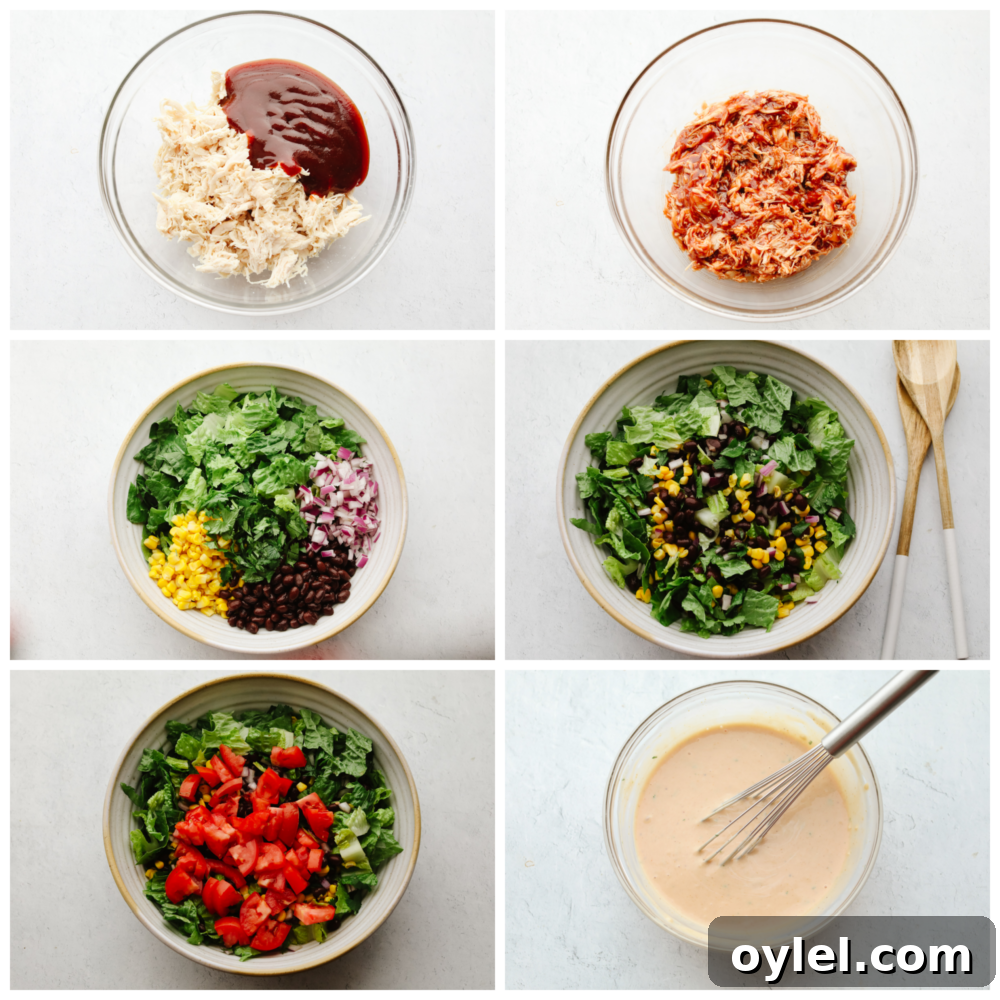 6 pictures showing how to mix the chicken and BBQ sauce, add in the lettuce and veggies and mix the dressing. 