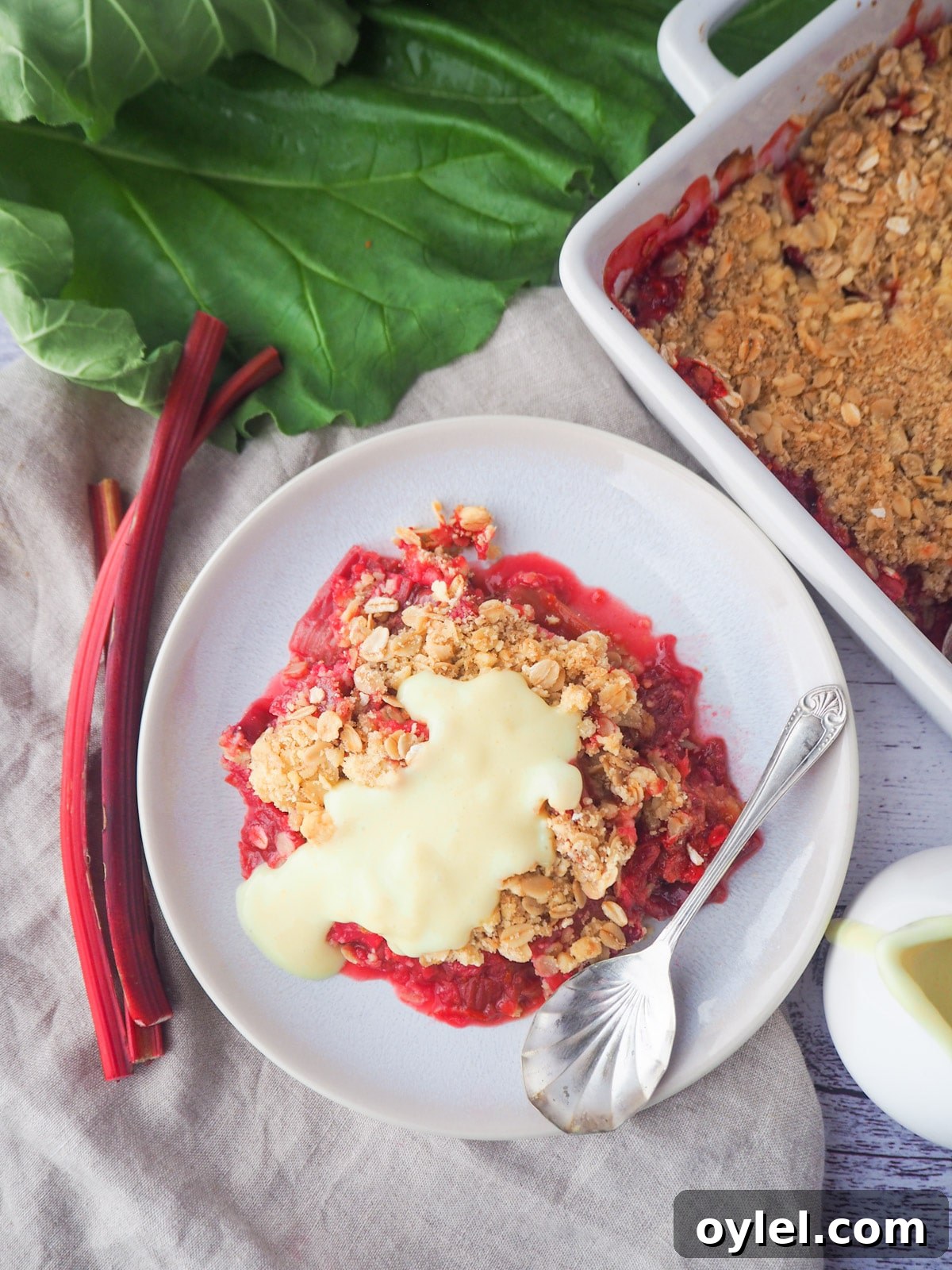 Classic Rhubarb Crumble Recipe 14 Top down view of serving rhubarb crumble with custard and fresh rhubarb, baking dish of crumble and jug of custard on the side.