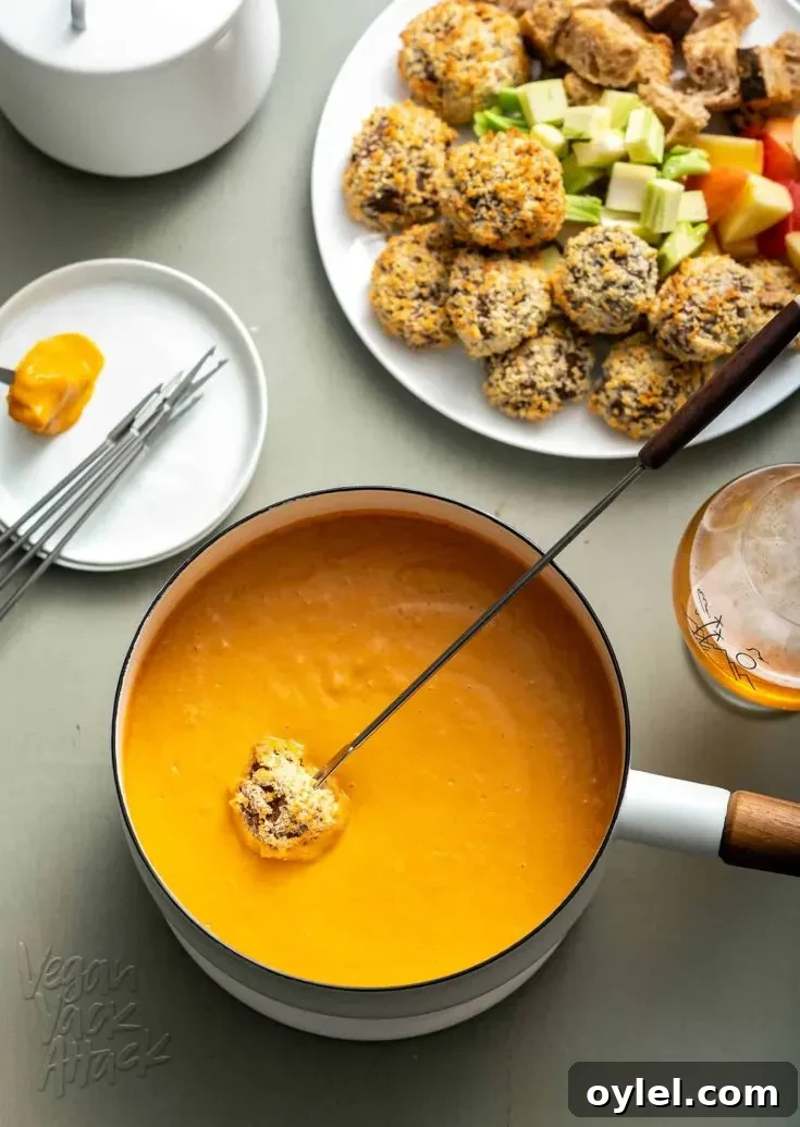 Smoky Vegan Fondue with Breaded Mushroom Dippers