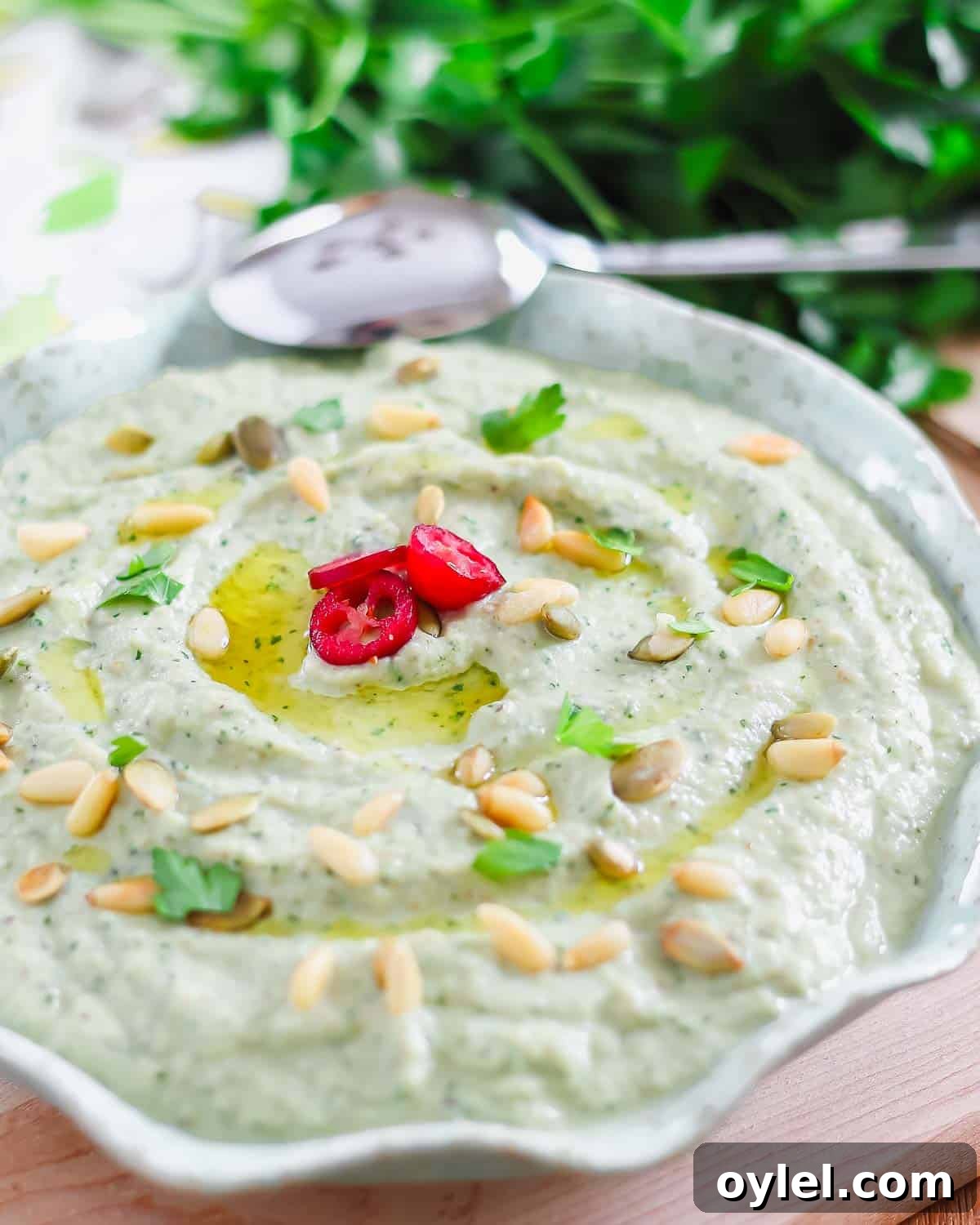 A bowl of eggplant dip garnished with olive oil, sliced red chili, pine nuts, pumpkin seeds, and fresh parsley. A spoon rests beside it, with more fresh parsley in the background.