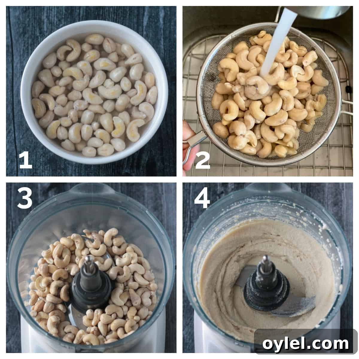 4 photo collage of soaking, rinsing, and blending the cashews in a food processor.