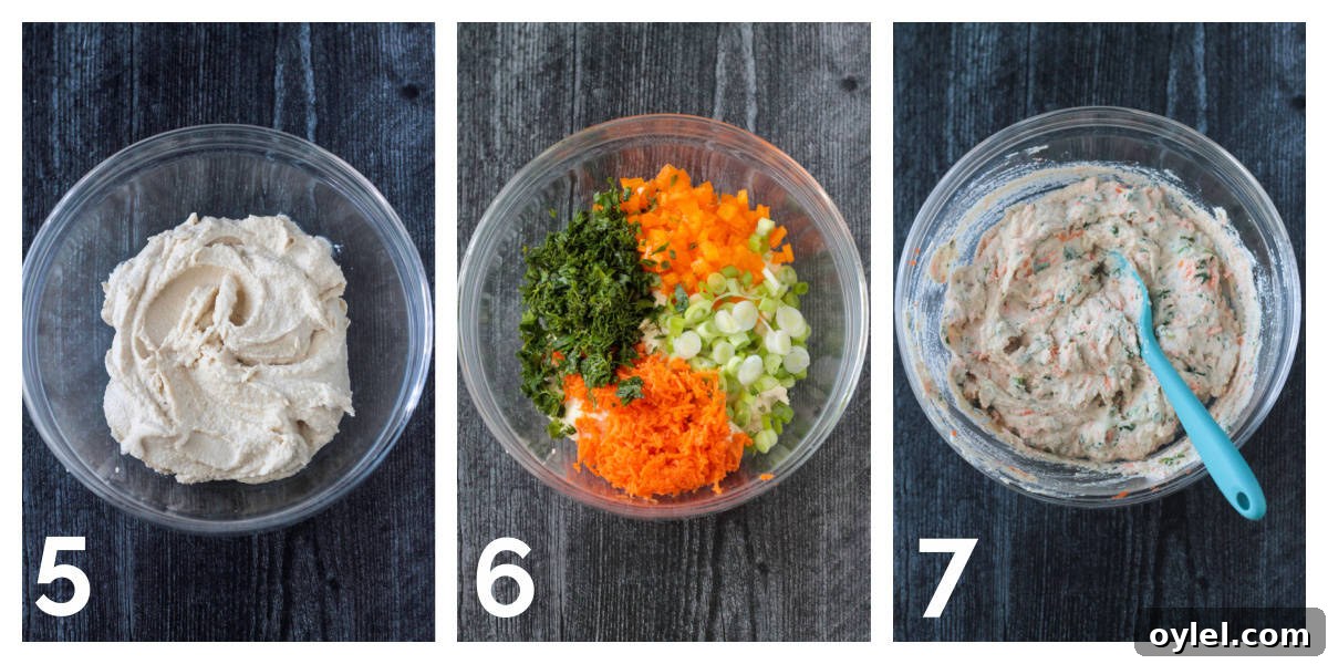 3 photo collage of stirring in the vegetables to the cream cheese mixture.