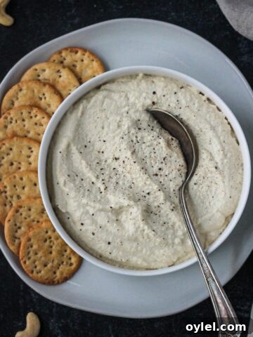Vegan ricotta in a serving bowl on a plate with crackers.