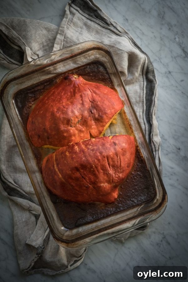 roasted pumpkin in a glass baking dish